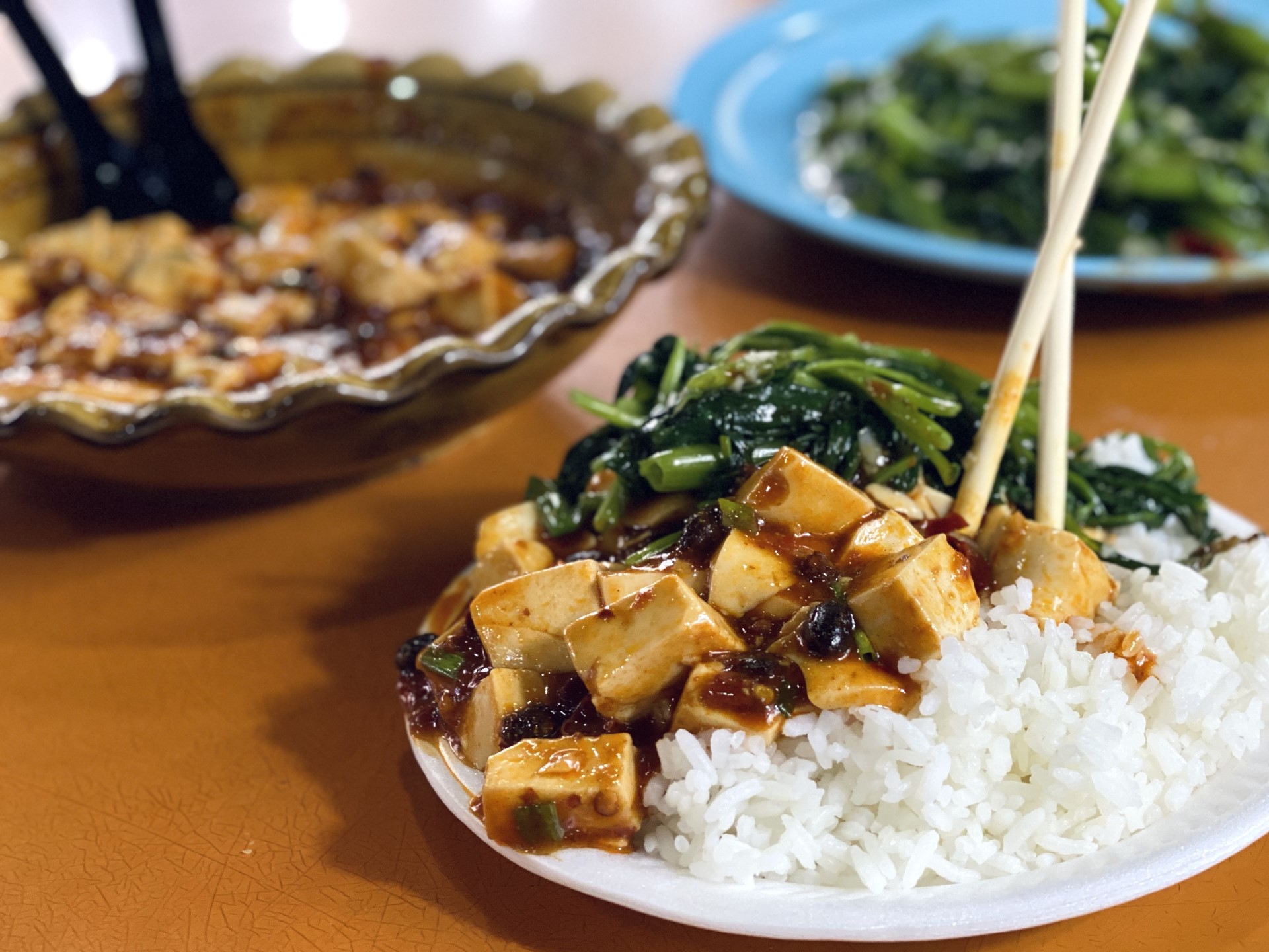Vegan mapo tofu and kang kong tumis